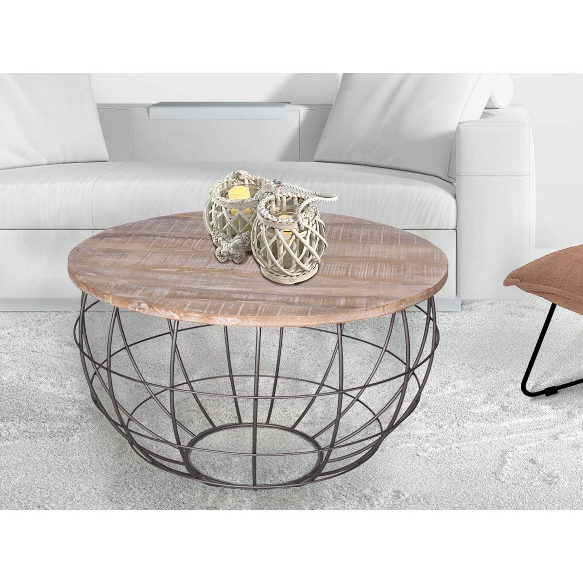 Voglrieder kreatives Wohnen Salontafel duurzaam rond ø 75 cm woonkamertafel massief hout London metalen rooster metalen frame