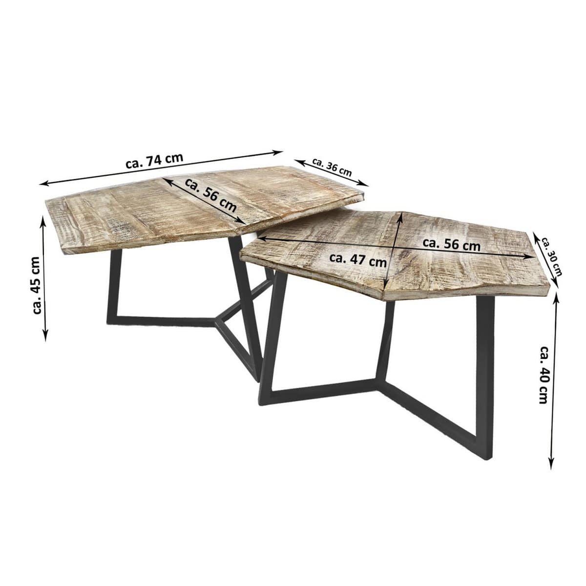 Voglrieder kreatives Wohnen Salontafelset 2-delig woonkamertafel nesttafel Paris metalen frame zwart wit of oud zilver