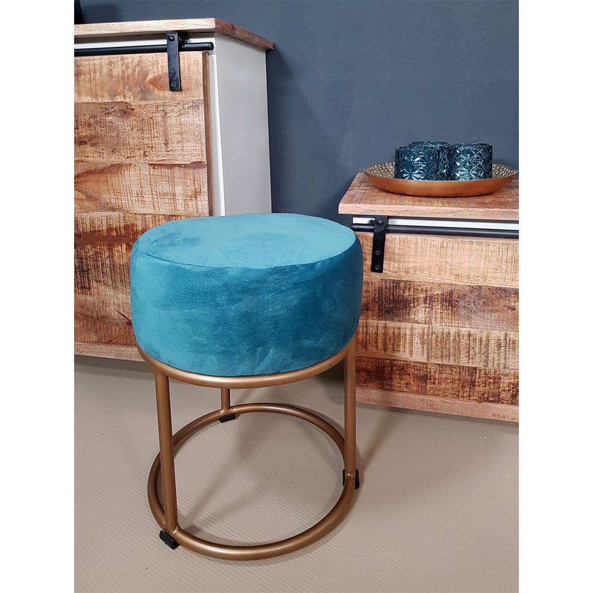 Voglrieder kreatives Wohnen Velours kruk 2e keus Ø 32 H 42 cm fluwelen kruk met ijzeren frame goudkleurige kruk fluwelen poefzitting