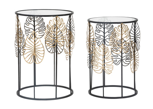 Bijzettafel Foglie Glam Zwart en Goud - Set van 2