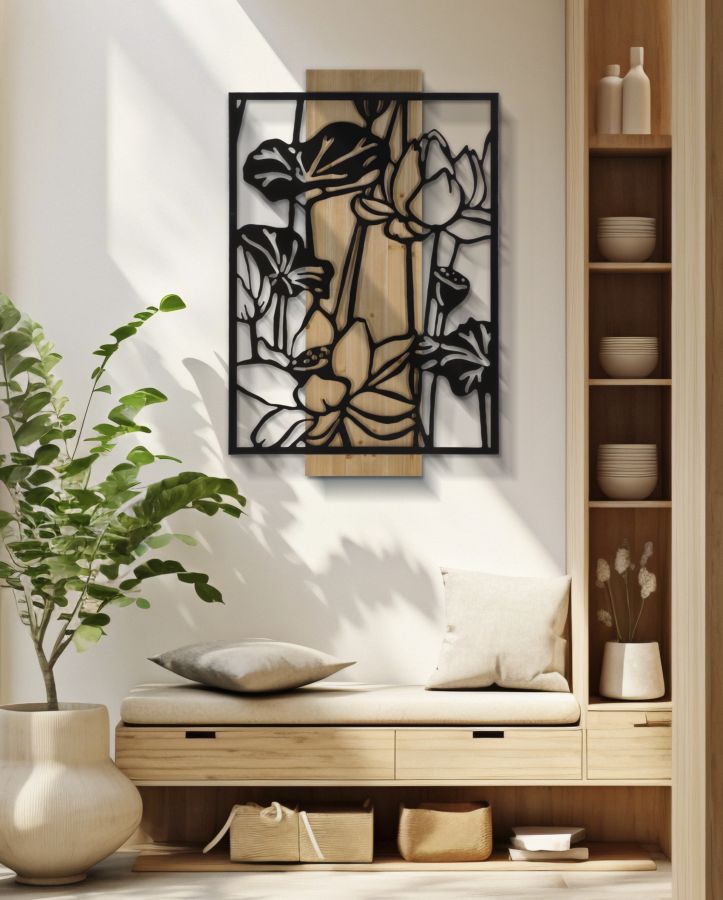 Wandpaneel Lotus Ijzer En Hout 90x60x2 cm