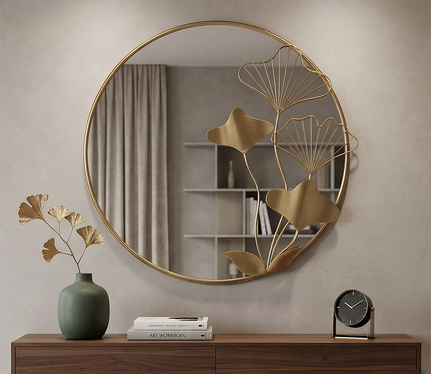 Ronde Wandspiegel Met Bloemen Goud 72x75x3.5 cm