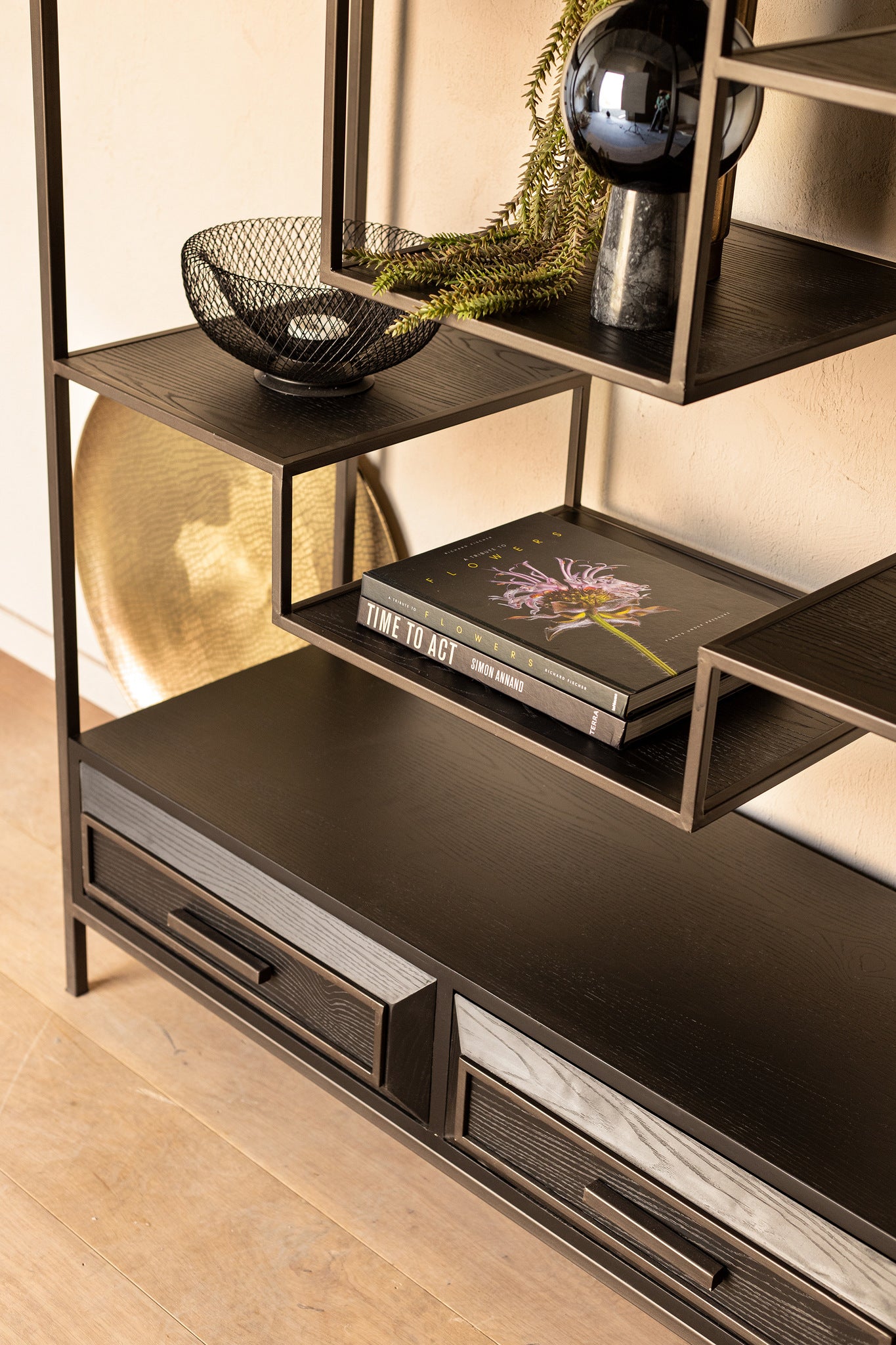 Lixly Black Wood Iron Frame Open Cabinet