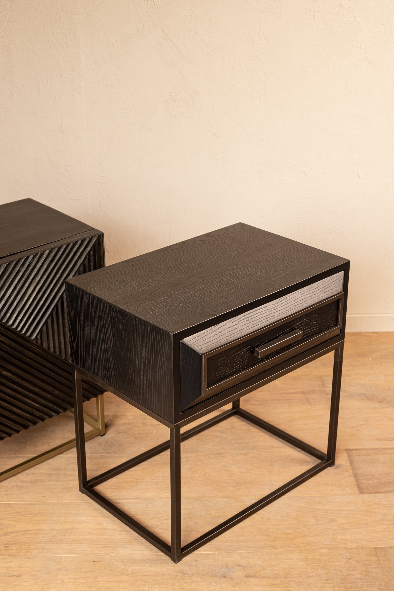 Lixly Black Wood Iron Frame Bedside Cabinet