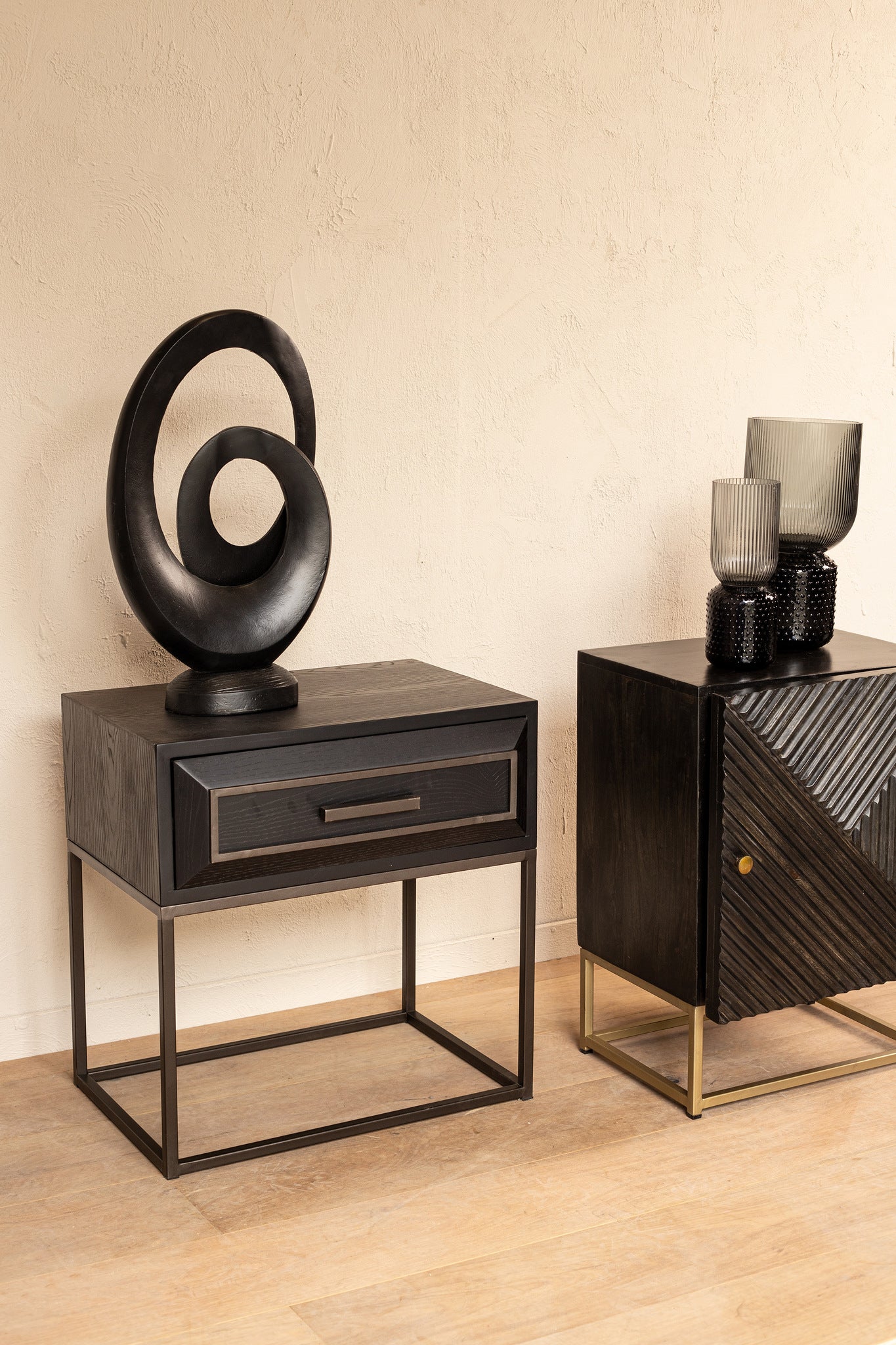 Lixly Black Wood Iron Frame Bedside Cabinet