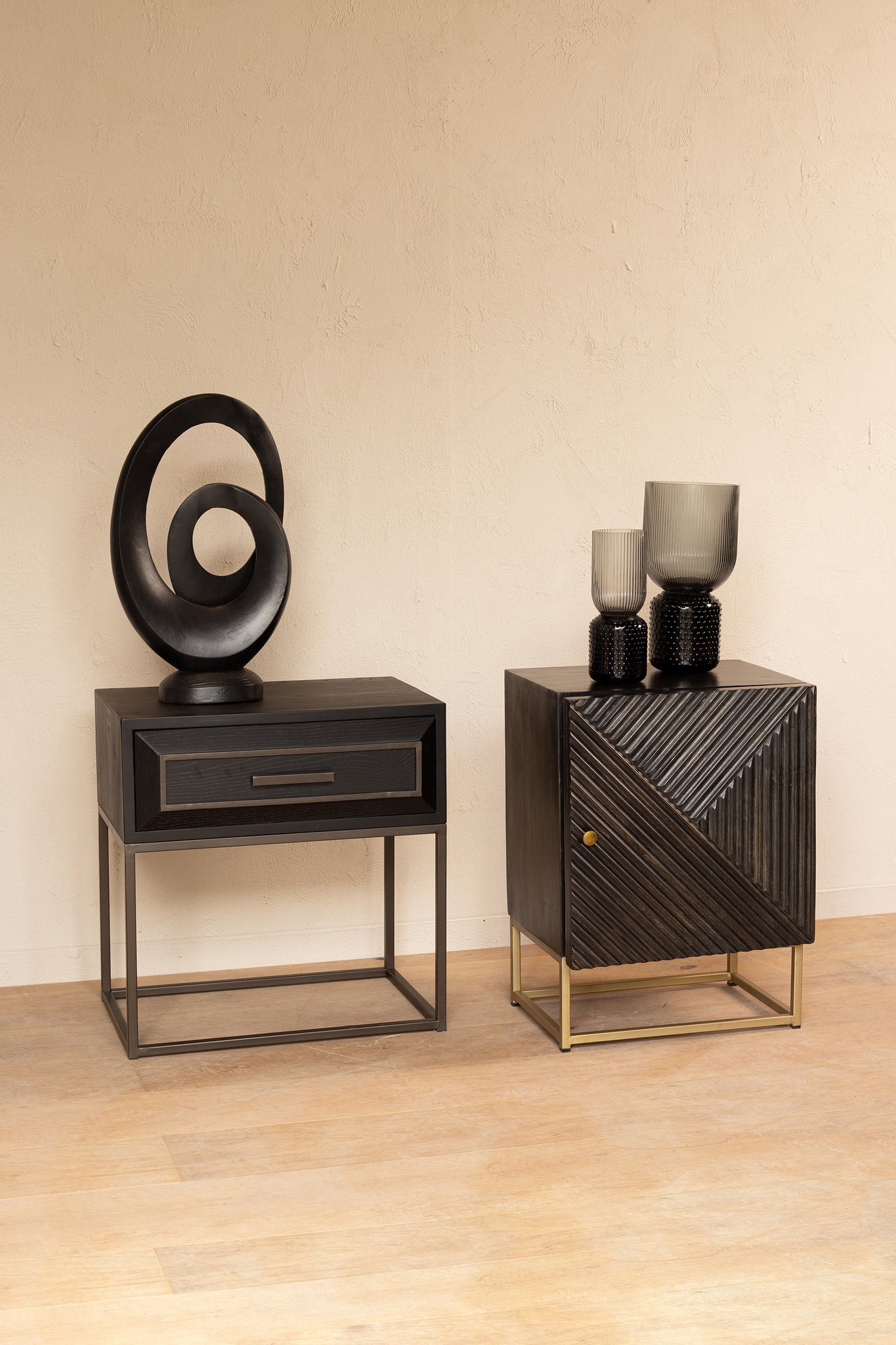 Lixly Black Wood Iron Frame Bedside Cabinet