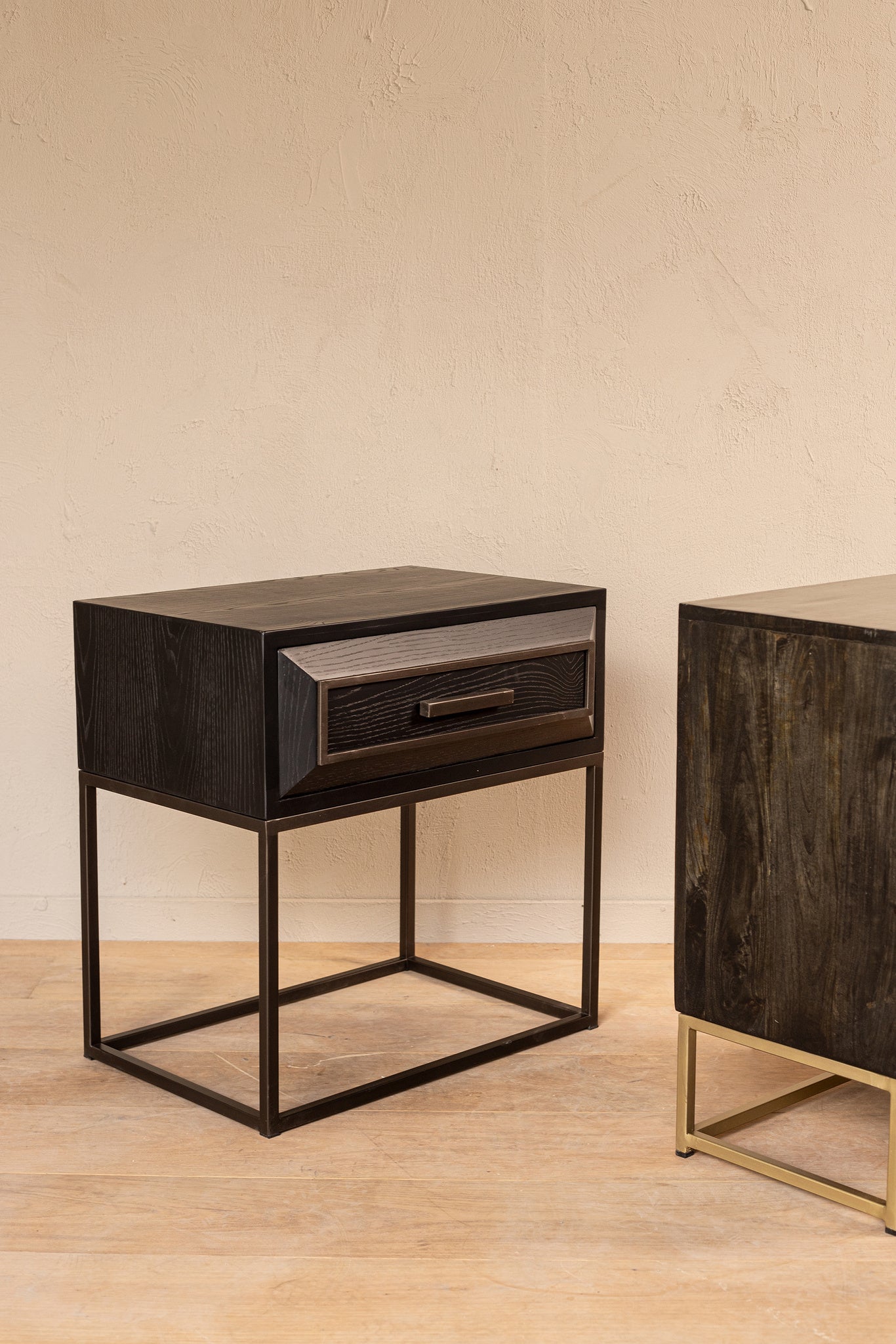 Lixly Black Wood Iron Frame Bedside Cabinet