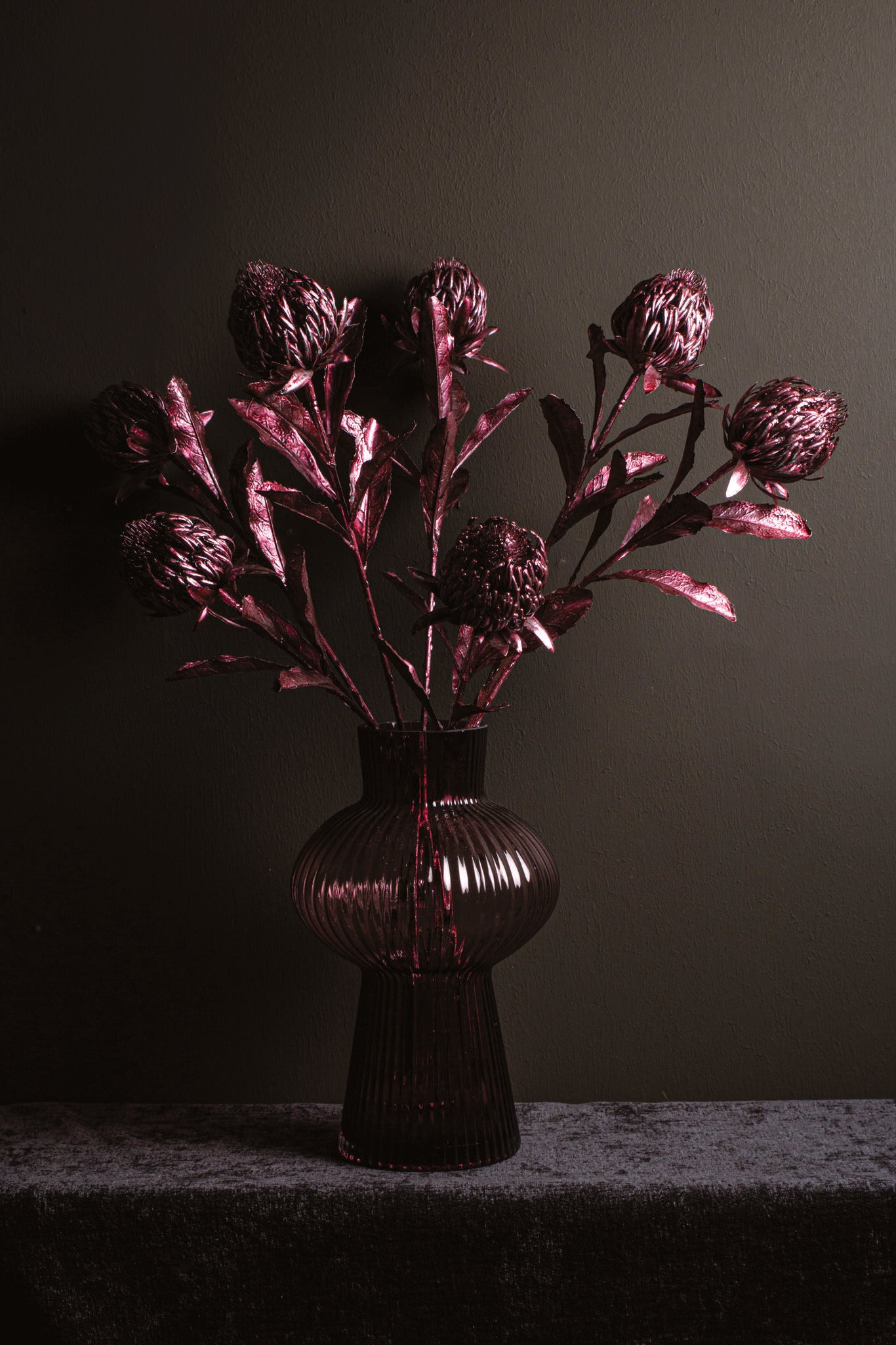 Leaves Plant Metallic Pink Protea Stem - Set van 12 65x10x30 cm