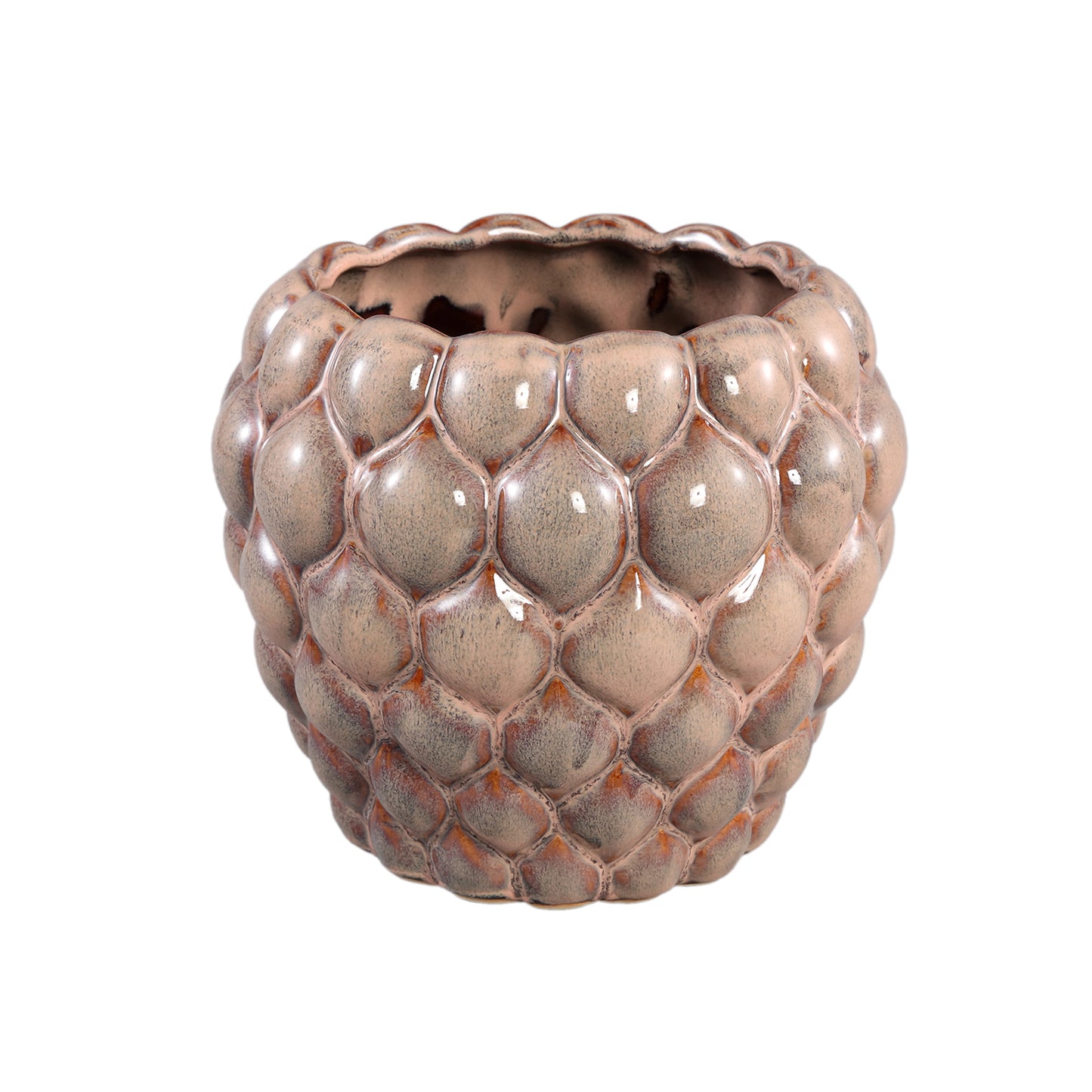 Louana Bruine Keramische Pot Ronde Stippen Set van 4 Stuks XL - 4 Sets 15x16.5x16.5 cm