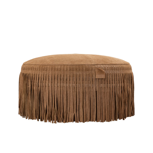Eleora Camel Suede Leather Pouf Fringes Round S