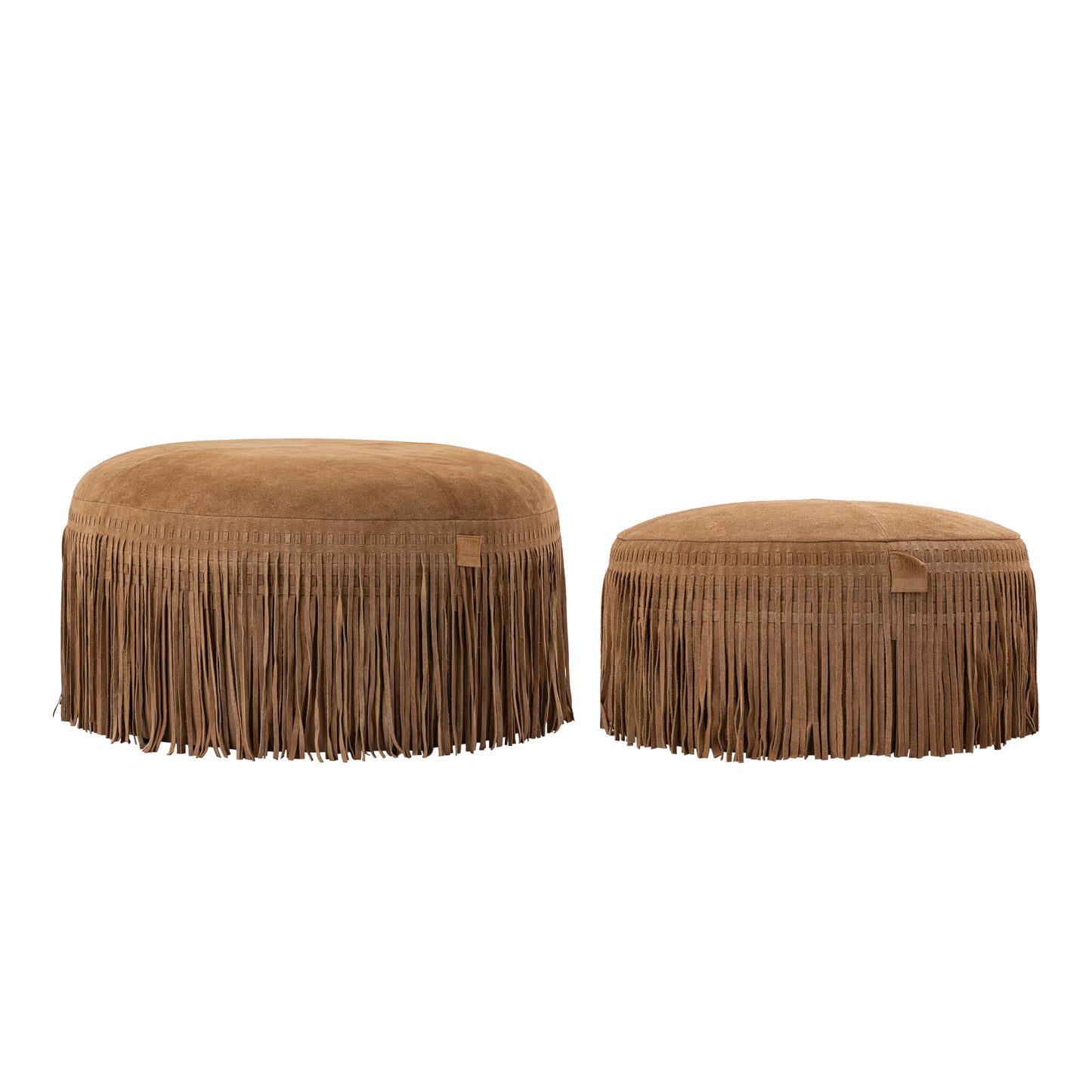 Eleora Camel Suede Leather Pouf Fringes Round S
