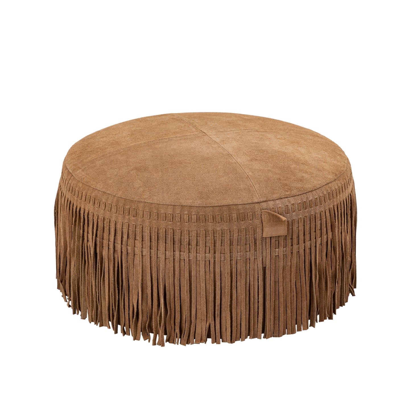 Eleora Camel Suede Leather Pouf Fringes Round S