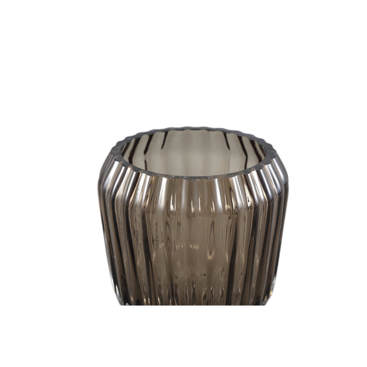 Joyca Bruine Glazen Vaas Geribfeld Rond Set van 2 Stuks - 2 Sets 11x10x10 cm