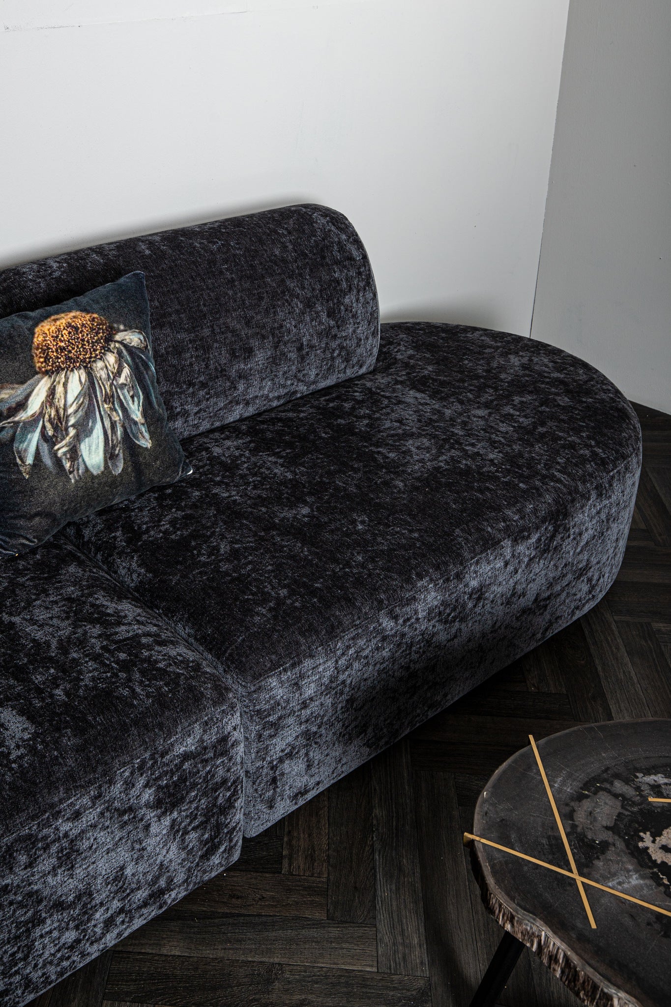 Lujo Sofa Anthracite Fiore Fabric Longchair Pouf