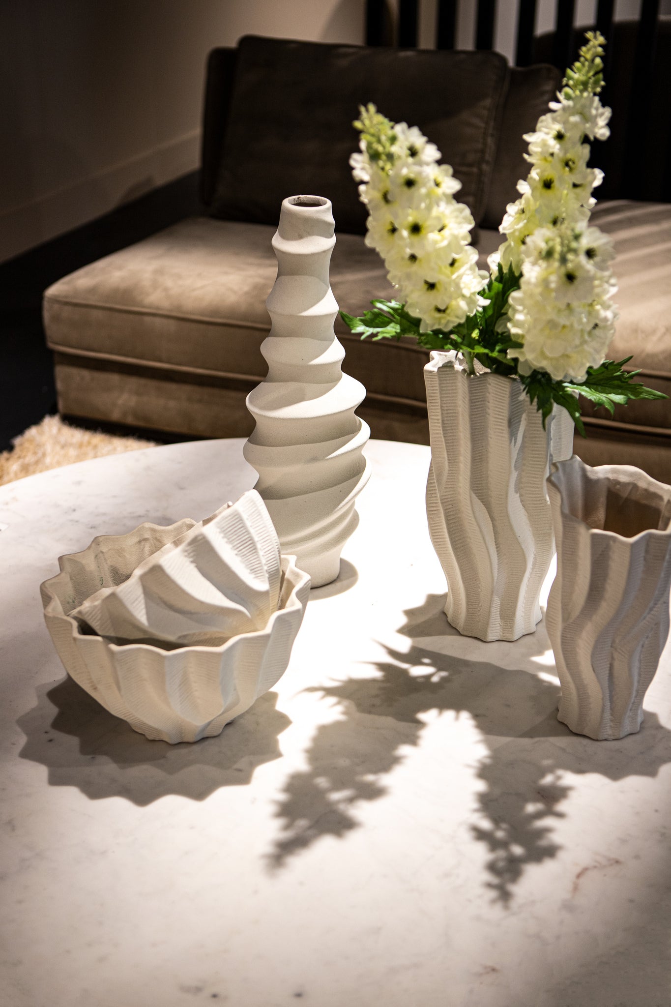 Merc White Ceramic Pot Wavy Ribbed Low S