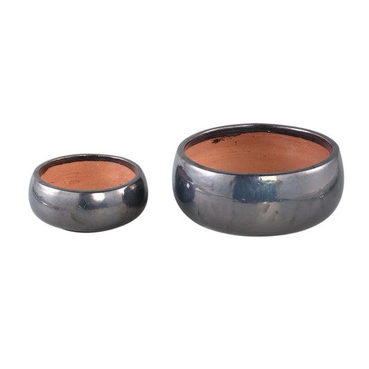 Nayaa Zilveren Keramische Pot Rond Laag Set van 2 - 2 Sets 14x30x30 cm