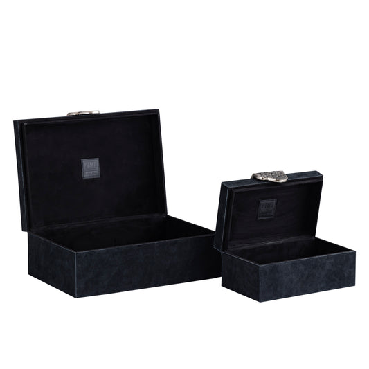 Hazael Zwarte Suède Opbergbox Met Zilveren Handvat Set Van 2 13x36x25 cm