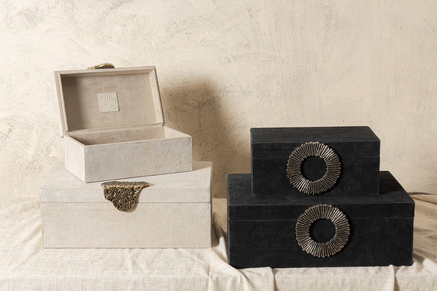Hazael Beige Suede Box Golden Handle Set Of 2