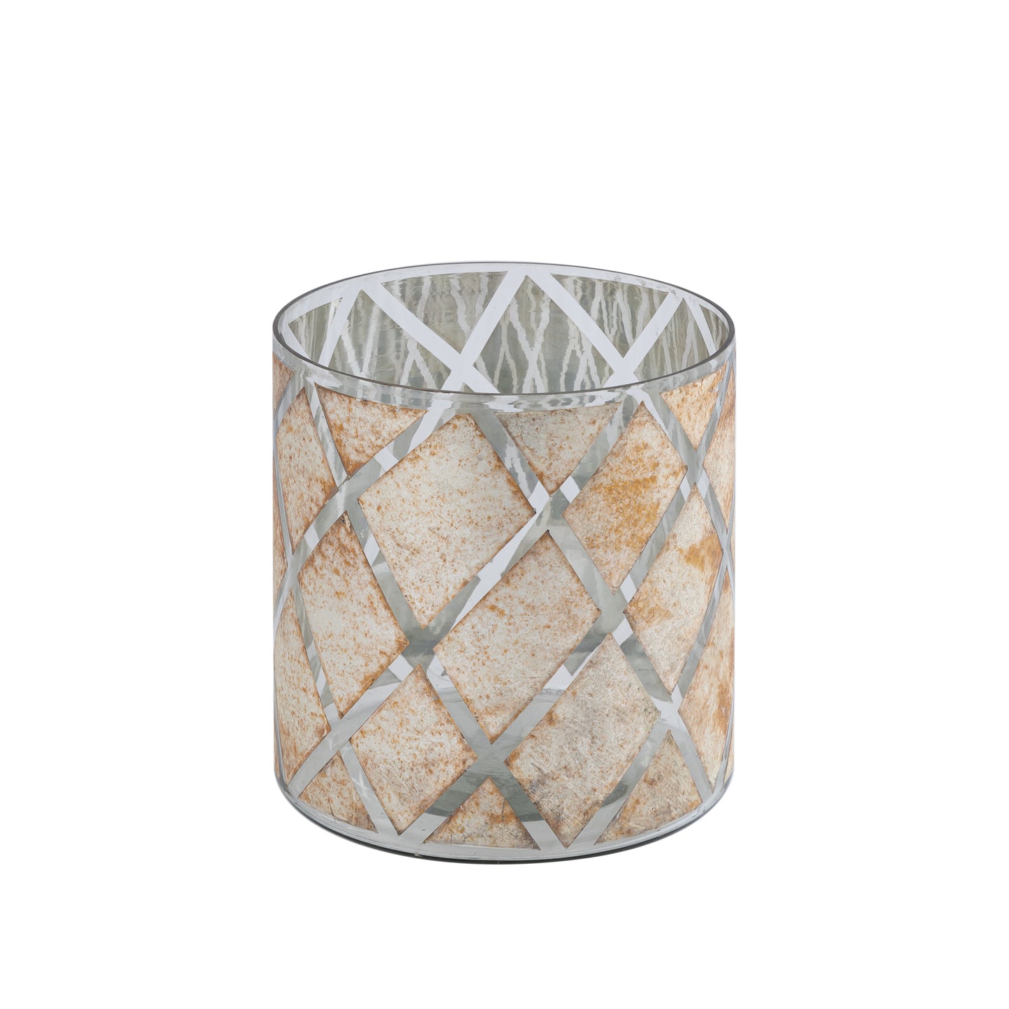 Farisa Zilver Glazen Rond Windlicht Ruit - Set van 4 Stuks - 4 Sets 17x15.5x15.5 cm