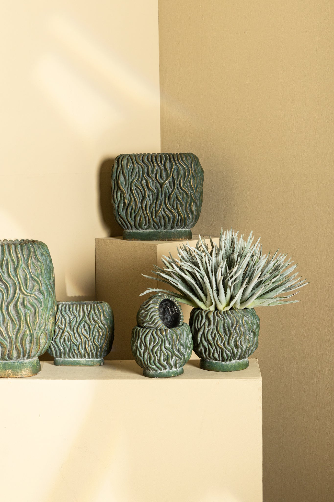 Brendan Green Cement Round Pot Carved Gold FinishM