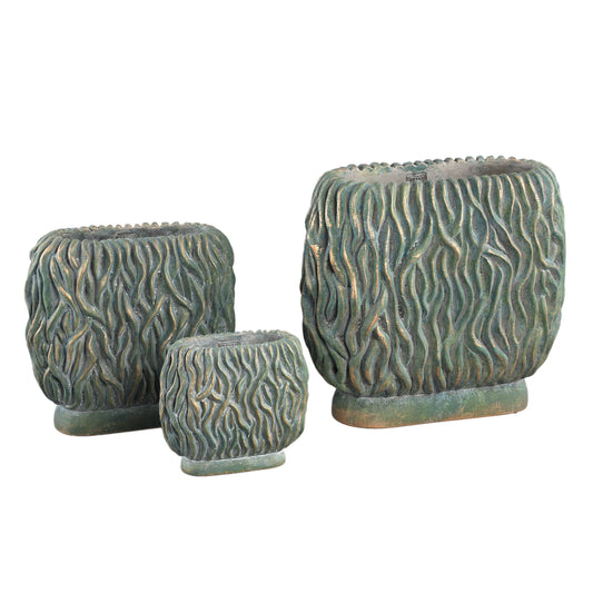 Brendan Green Cement Oval Pot Carved Gold Finish S