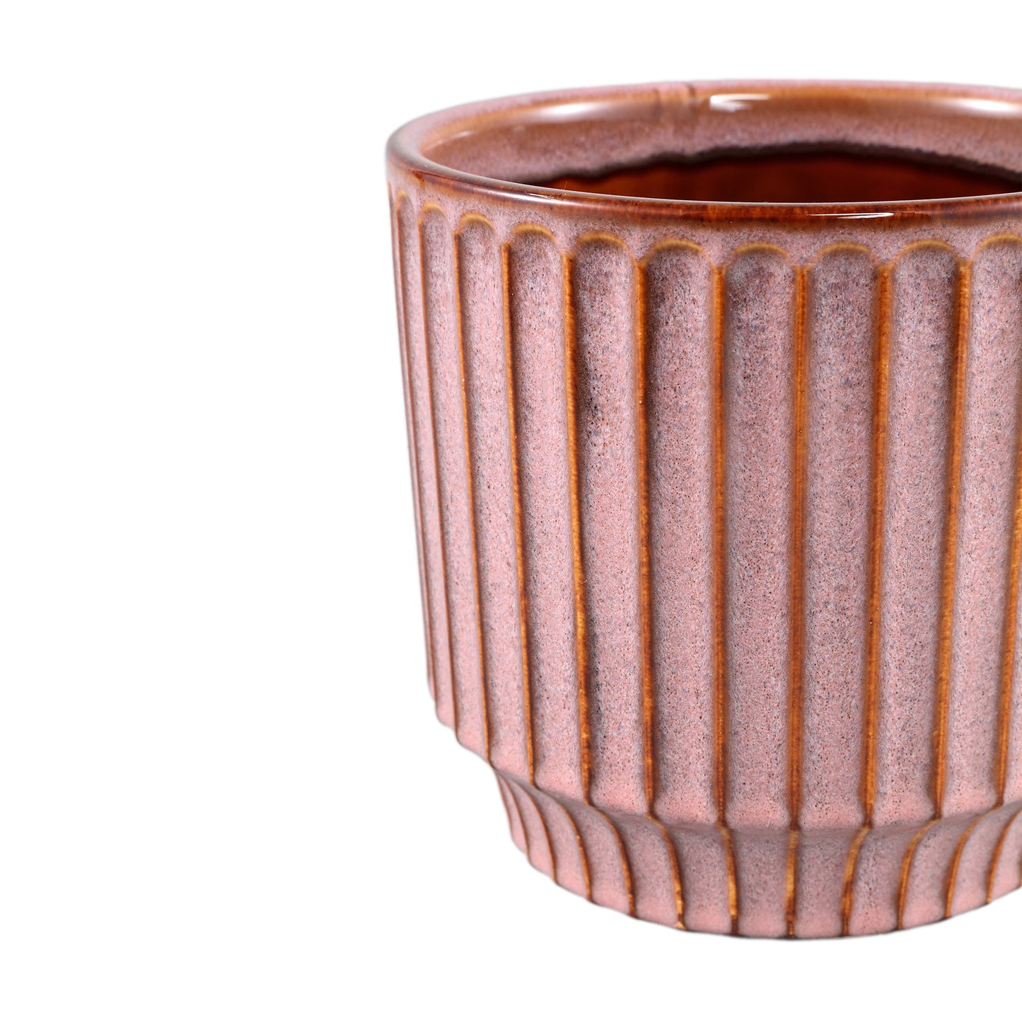 Hodor Roze Glazuurde Keramische Ronde Pot Lines L – Set van 4 - 4 Sets 16x17x17 cm