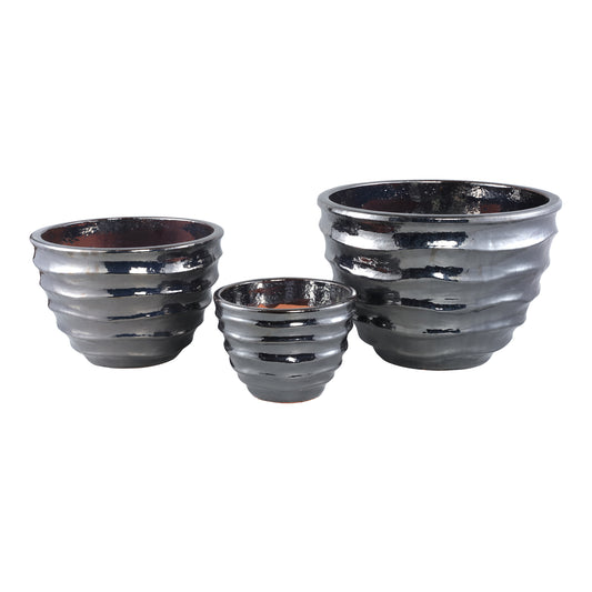 Alyshia Silver Ceramic Round Pot Wavy Lines SV3