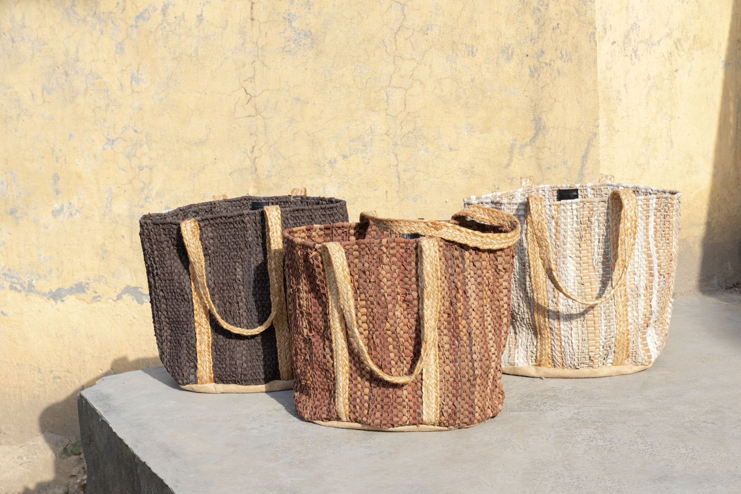 Cherree Beige Jute Leather Round Basket Handles