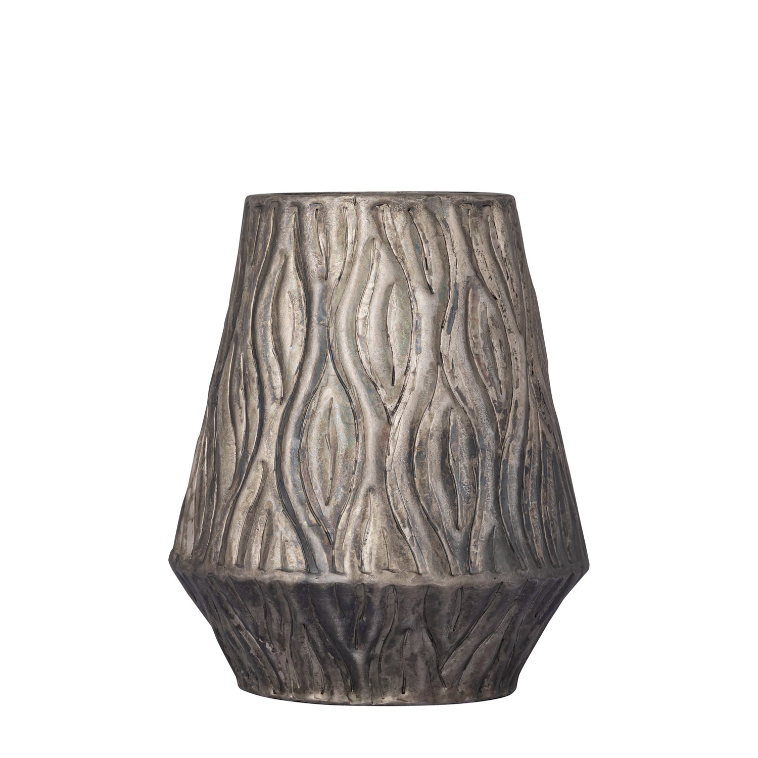 Deandra Zilveren Aluminium Pot met Golfpatroon Rond Laag Set van 2 - 2 Sets 28.5x24.5x24.5 cm