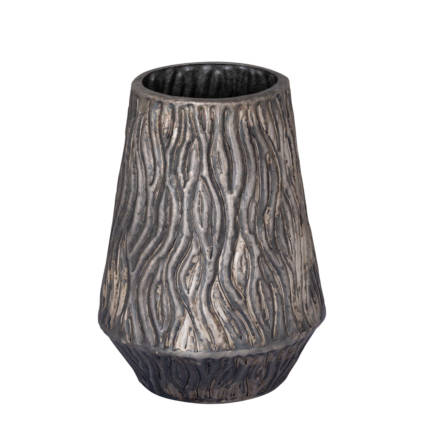 Deandra Zilveren Aluminium Pot Golvend Patroon Rond Laag 38x30x30 cm