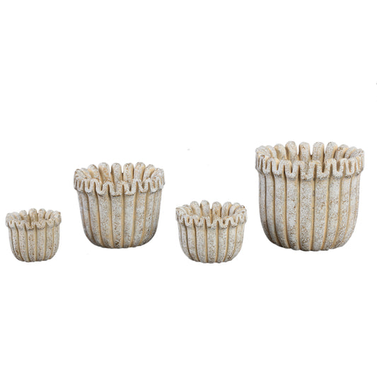 Raffay Crème Cement Pot Rond met Ribbels S - Set van 12 9x12x12 cm