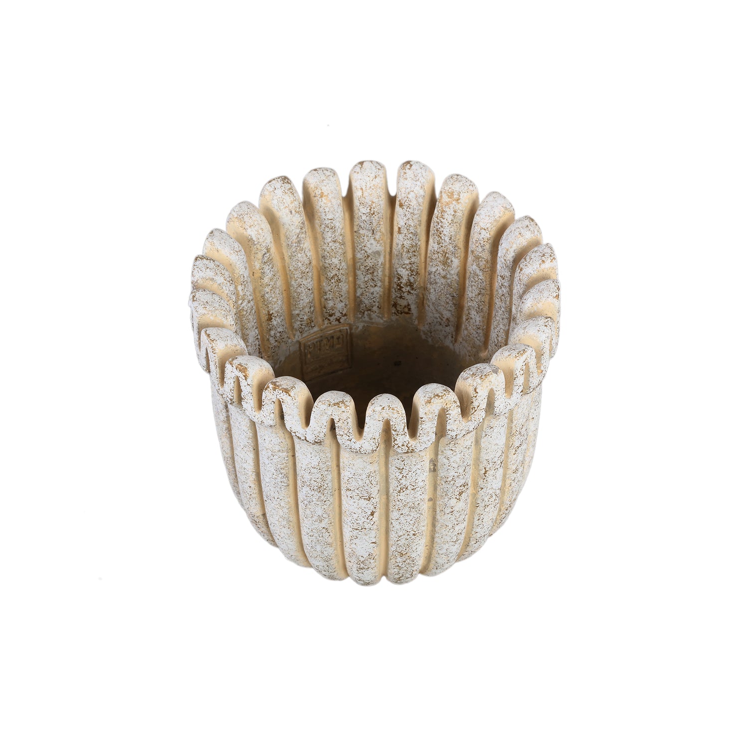 Raffay Crème Cement Pot Rond met Geribde Lijnen L Set van 4 - 4 Sets 16x19x19 cm