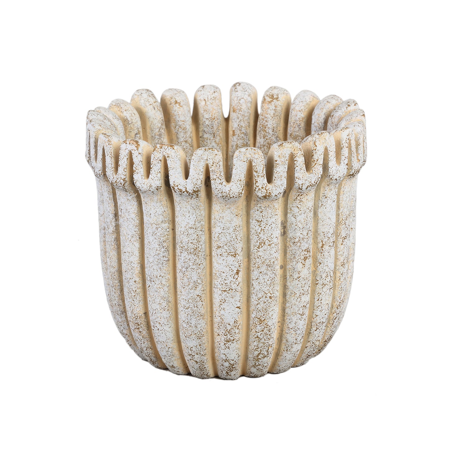 Raffay Crème Cement Pot Rond met Geribde Lijnen L Set van 4 - 4 Sets 16x19x19 cm