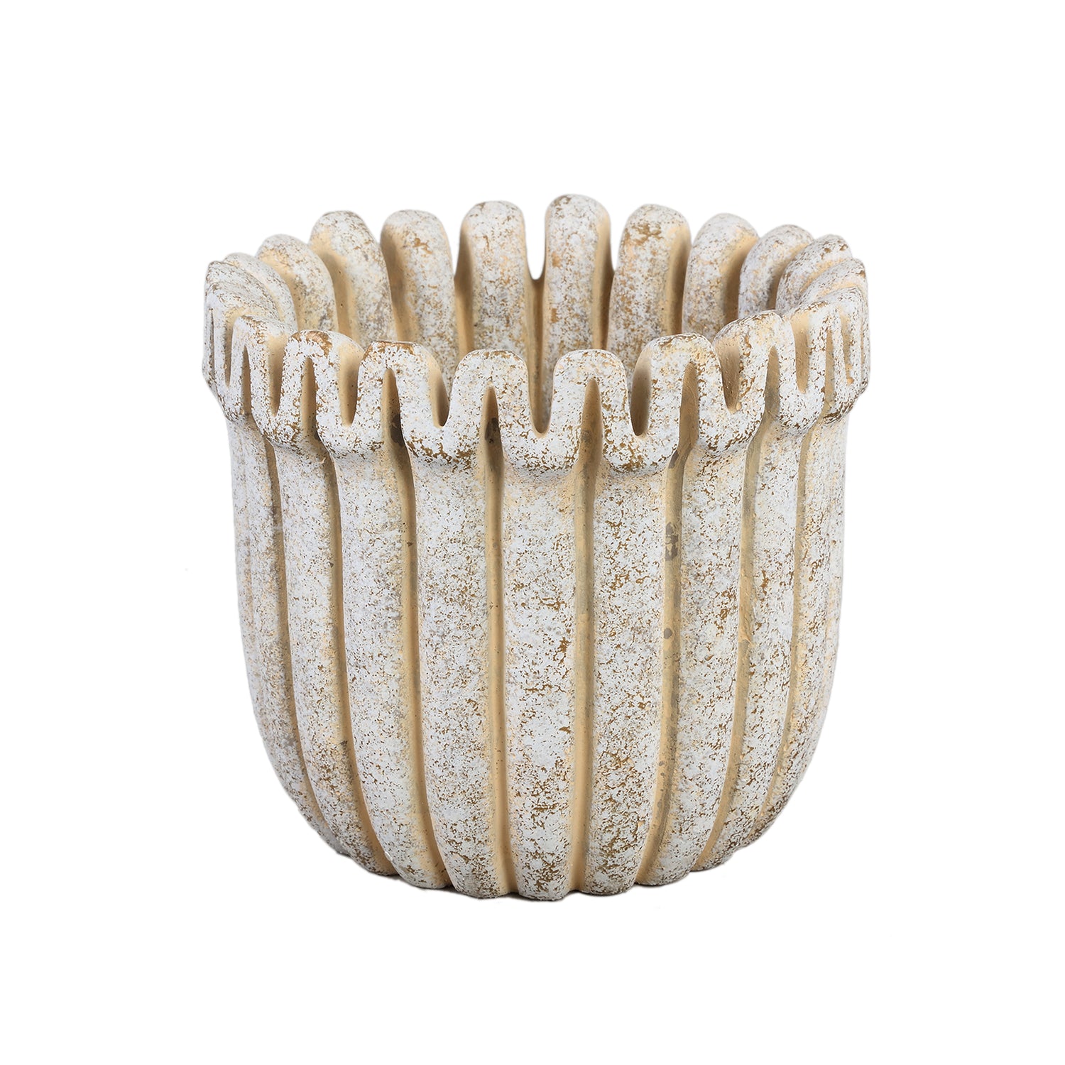 Raffay Crème Cement Pot Rond met Geribde Lijnen L Set van 4 - 4 Sets 16x19x19 cm