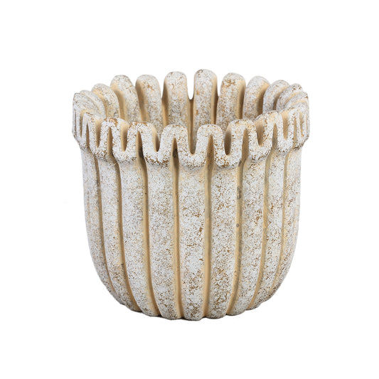 Raffay Crème Cement Pot Rond met Geribde Lijnen L Set van 4 - 4 Sets 16x19x19 cm