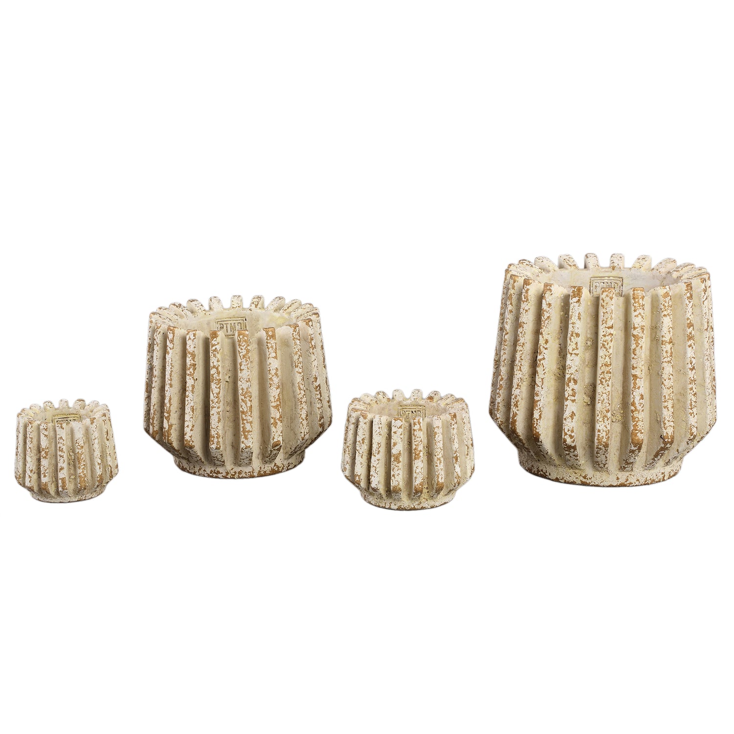 Zariya Crème Cement Ronde Pot Met Geribde Lijnen L - Set van 4 Stuks 19x21x21 cm