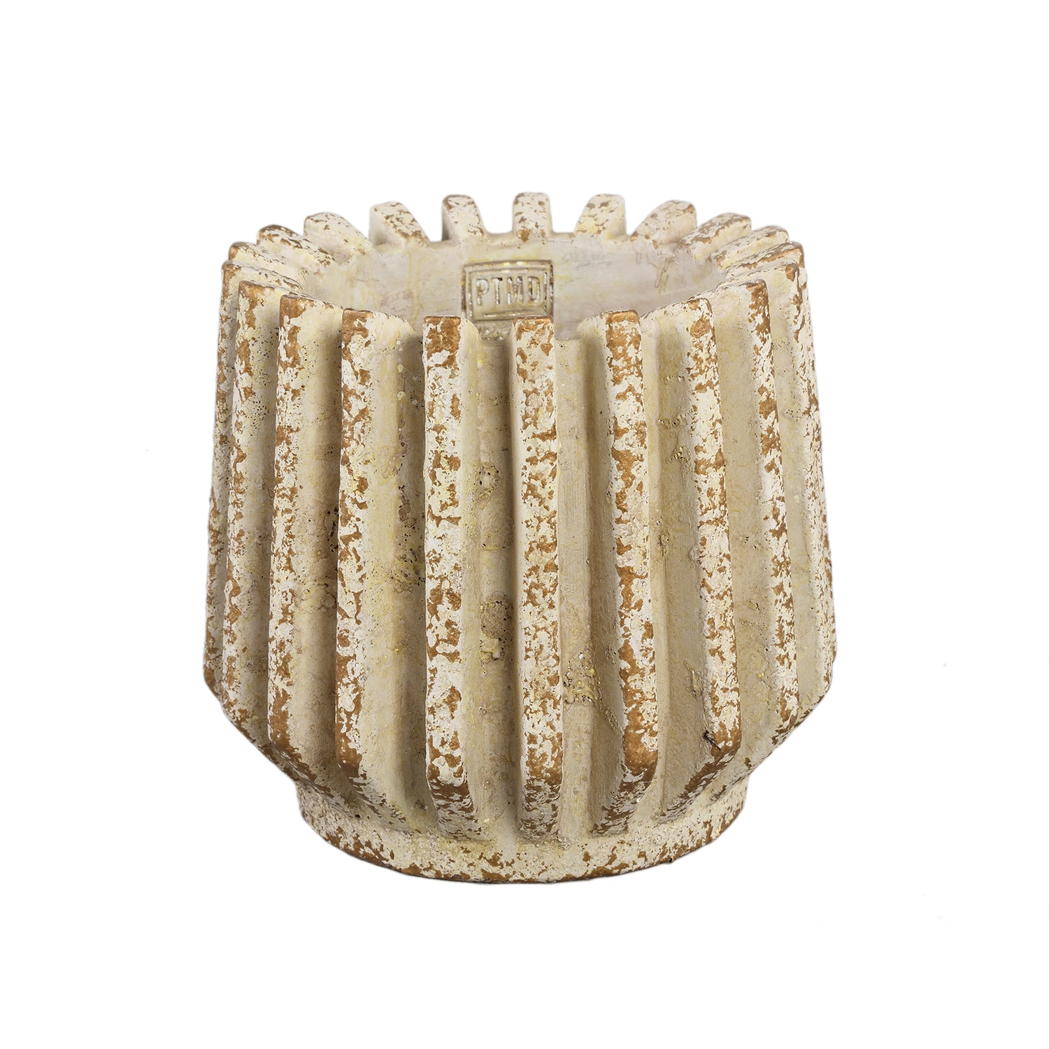 Zariya Crème Cement Ronde Pot Met Geribde Lijnen L - Set van 4 Stuks - 4 Sets 19x21x21 cm