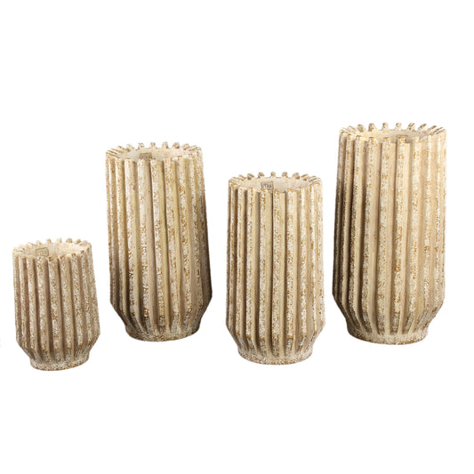 Zariya Crème Cement Pot Rond met Ribbels Hoog Set van 4 Stuks 30x20x20 cm