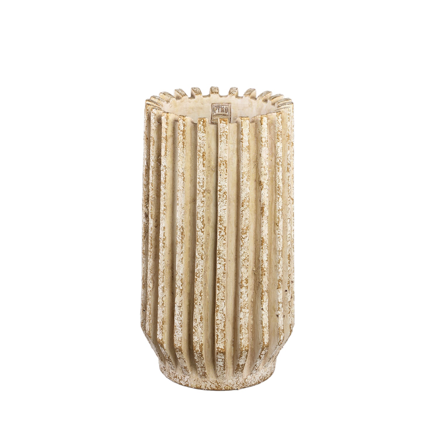 Zariya Crème Cement Pot Rond met Geribbelde Lijnen Hoog S 45x25x25 cm
