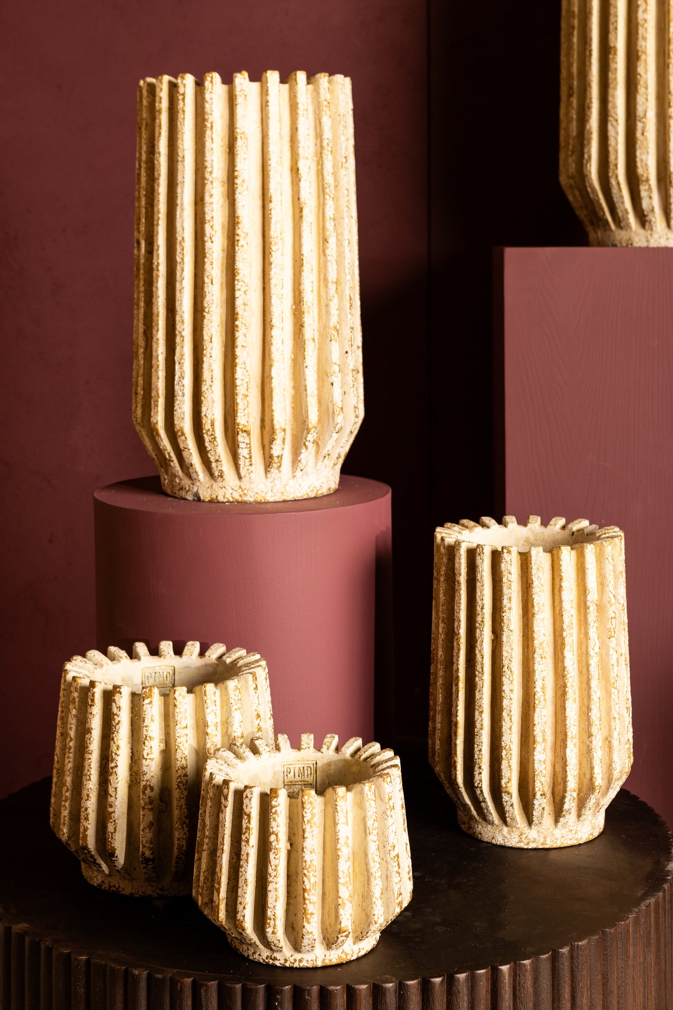 Zariya Cream Cement Round Pot Ribbed Lines High L
