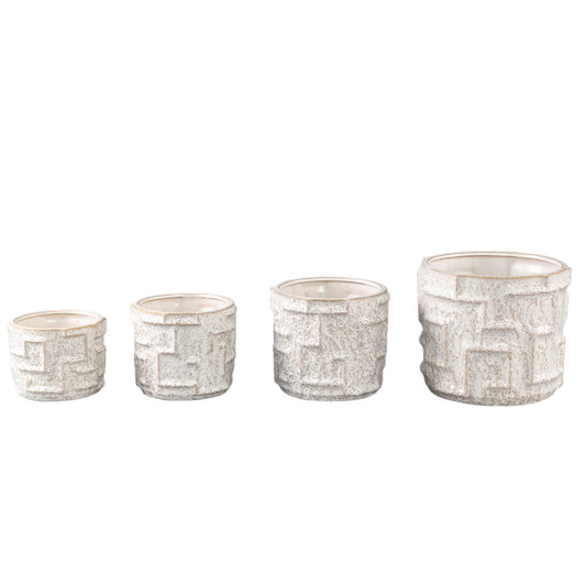 Leni Cream Keramische Pot Rond Met Lijnen M Set Van 6 Stuks 11.5x13x13 cm