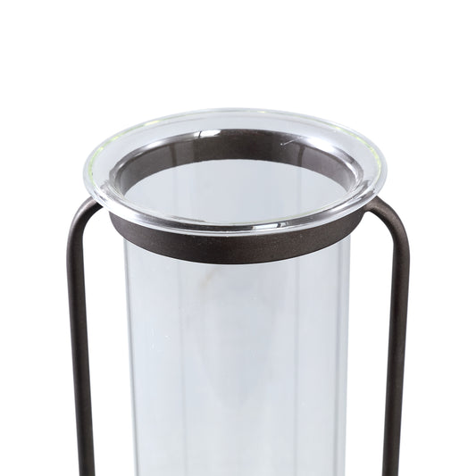 Kirsa Zwarte Ronde Glazen Vaas met Metalen Marmeren Houder Set van 2 - 2 Sets 33.5x12x10.5 cm