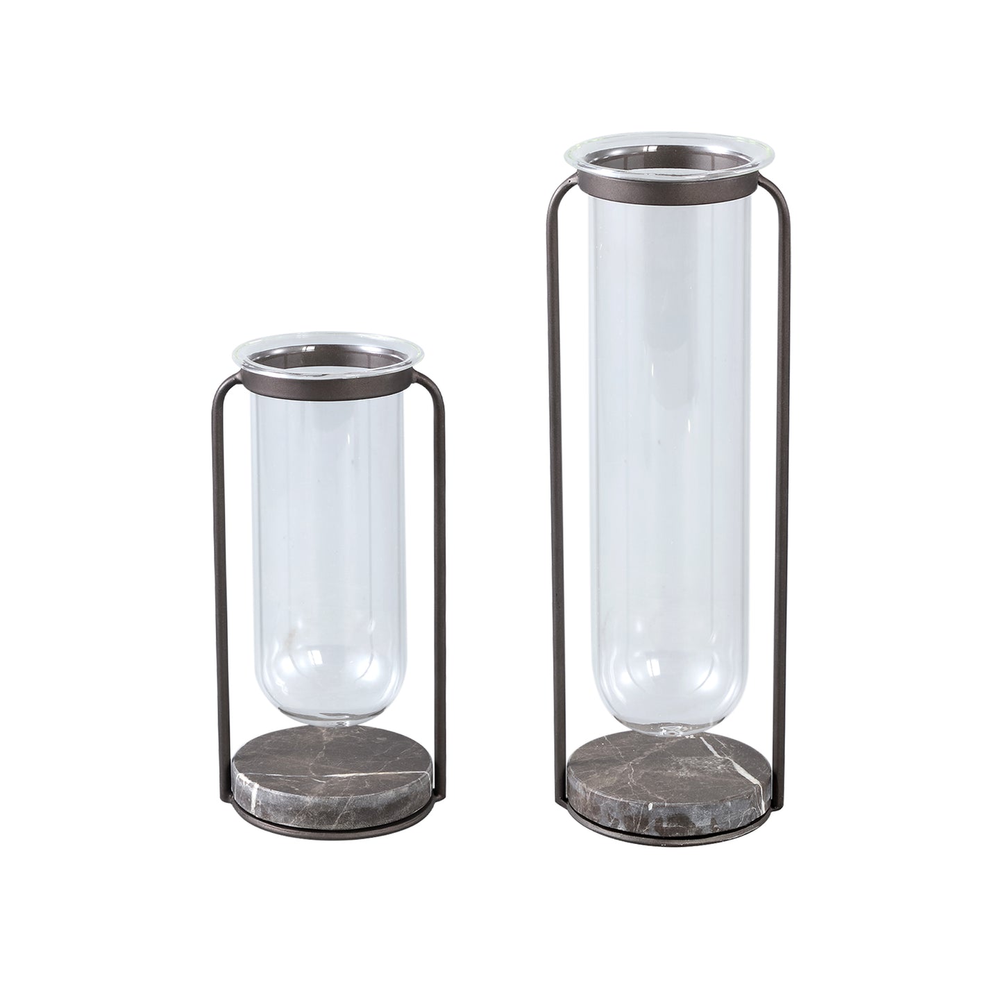 Kirsa Zwarte Ronde Glazen Vaas met Metalen Marmeren Houder Set van 2 33.5x12x10.5 cm