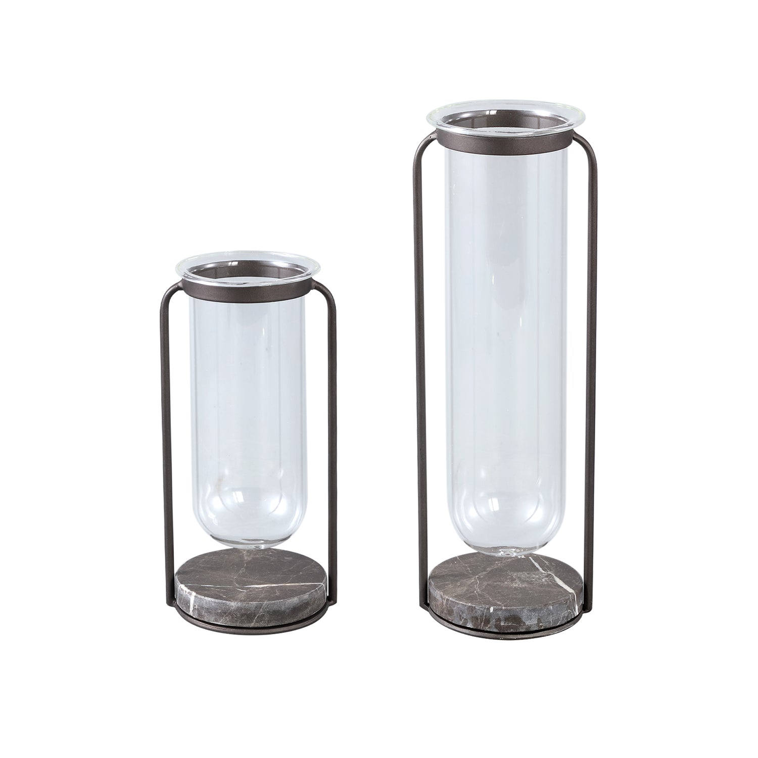 Kirsa Zwarte Ronde Glazen Vaas met Metalen Marmeren Houder Set van 2 33.5x12x10.5 cm