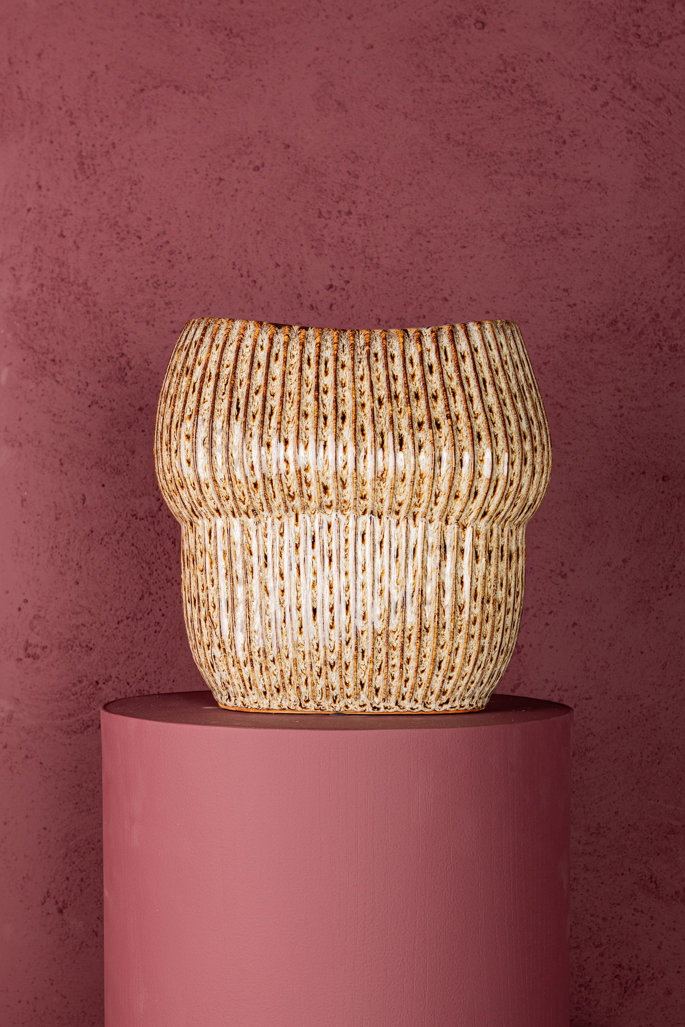 Colby Brown Ceramic Pot Oval Shaped Lines Low