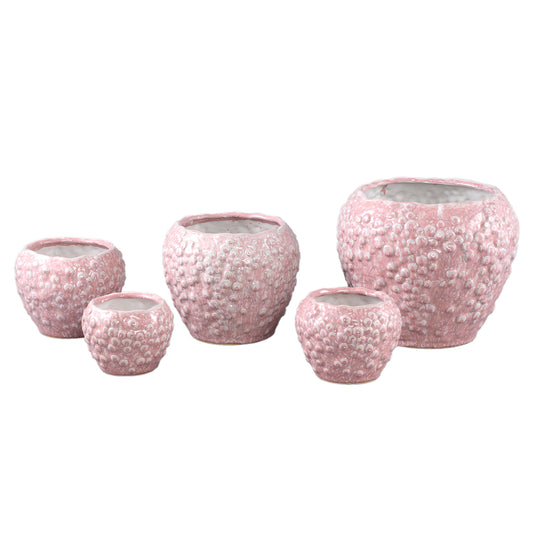 Avis Roze Keramische Pot Rond Schubben Laag Set van 12 Stuks 9.5x12.5x12.5 cm