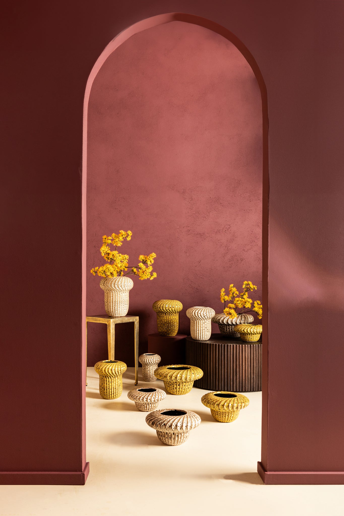 Sindi Yellow Ceramic Pot Round Shaped Lines High M