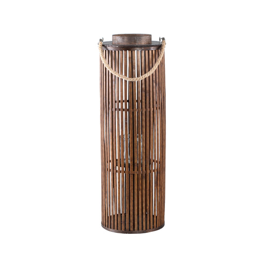 Zafria Bruine Ronde Bamboe Lantaarn Met Glas Set van 2 Stuks L - 2 Sets 70x24x24 cm