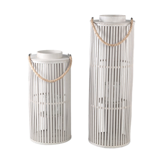Zafria Crème Bamboe Lantaarn Rond Met Glas Set van 2 - 2 Sets 70x24x24 cm