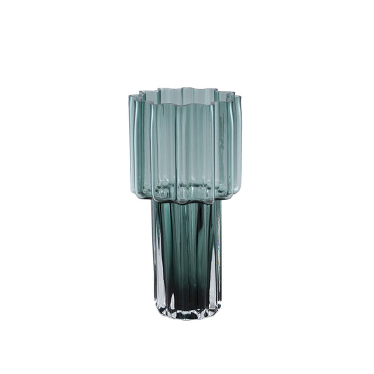 Maayan Groen Geribd Glas Vaas Brede Hals Rond S 30x14.5x14.5 cm
